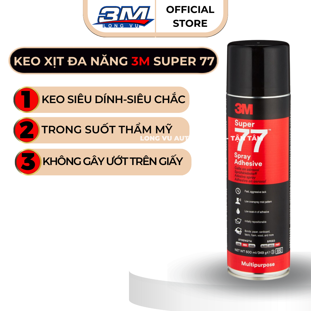 Keo dán dạng xịt 3m super 77, keo dán đa năng siêu dính, dán vải, dán giấy, phun mịn đẹp, bám dính cao - 3m long vu
