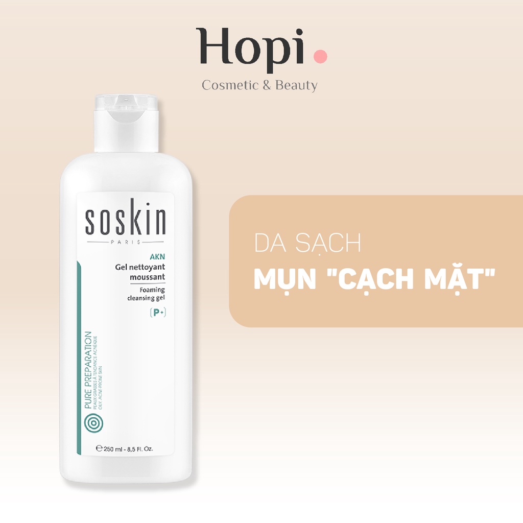 Gel rửa mặt giảm mụn Soskin AKN Foaming Cleansing Gel 250ml