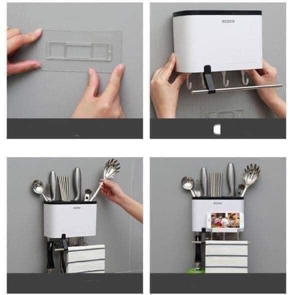 Hộp đựng đồ dùng nấu ăn nhà bếp gồm 3 ngăn đựng thìa đũa, 2 ngăn cắm dao, 4 móc treo đồ và 1 thanh ngang treo khăn hoặc cuộn giấy bếp, Hop dung do dung nau an nha bep Ecoco cao cấp