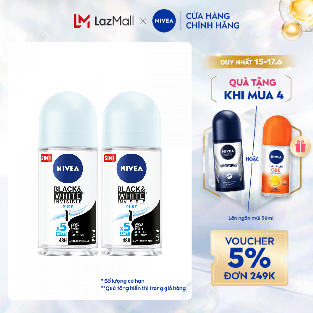 Chỉ 15.6 Mua 4 combo tặng 1 lăn C&E 50ml Bộ 2 Lăn Ngăn Mùi NIVEA Black & White Ngăn Vệt Ố Vàng Vượt Trội 5in1 82234