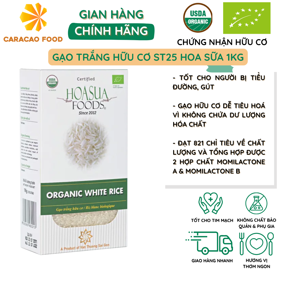 Gạo trắng hữu cơ st25 hoa sữa 1kg, gạo tốt cho sức khỏe, gạo hữu cơ