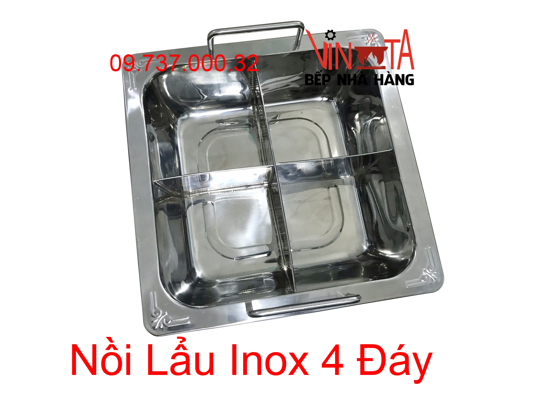 Nồi ăn lẩu inox 4 đáy, xoong ăn lẩu inox vuông 28cm, nồi nấu lẩu inox đáy từ, nồi lẩu 4 vị