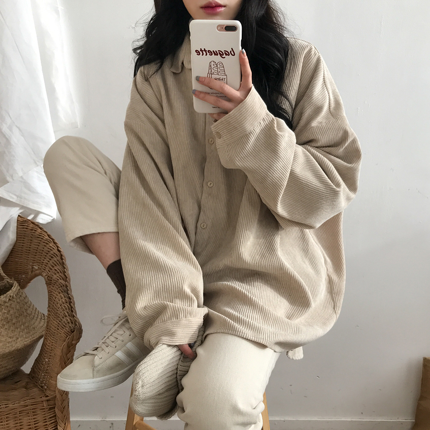 Leeva - áo sơ mi nhung gân form rộng a043