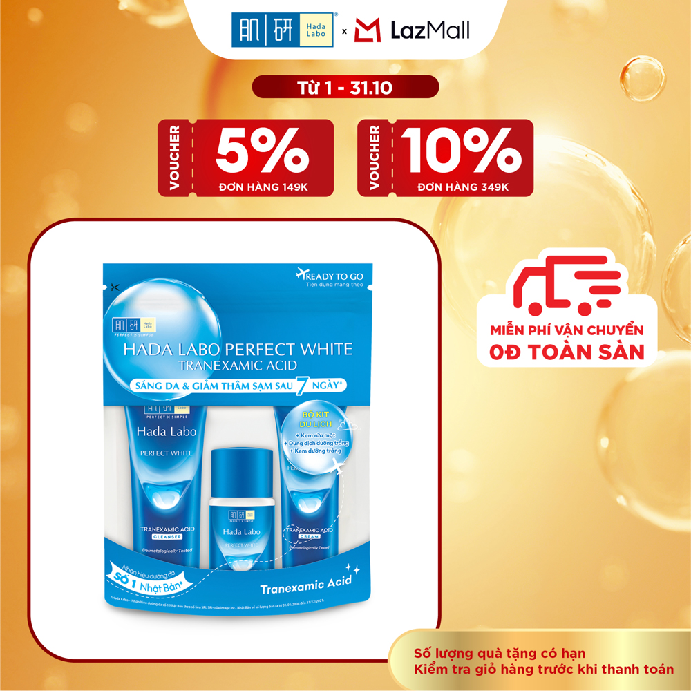 Bộ travel size dưỡng trắng Hada Labo Perfect White Tranexamic Acid Travel Set (Kem rửa mặt 15g+Dung dịch dưỡng 20ml+Kem dưỡng 12g)