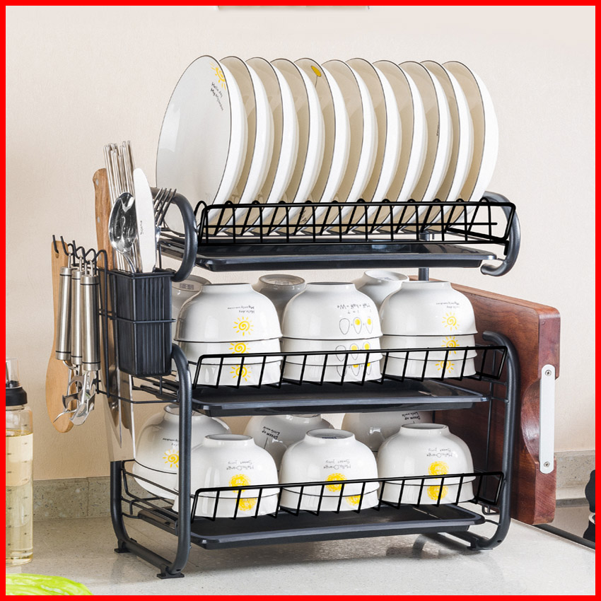 Kệ úp chén bát 3 tầng khung thép đen, kích thước 40x23x44cm, Giá úp bát đĩa, thiết kế tinh tế, kèm ống cắm đũa thìa, kệ để dao thớt, móc treo đồ, tặng kèm khay hứng nước tiện lợi