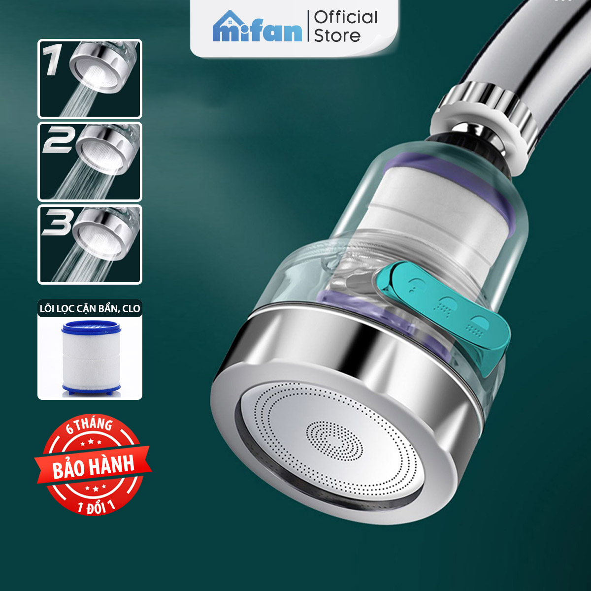  Đầu vòi rửa bát tăng áp lọc nước 3 chế độ phun Mifan - Lõi PP loại bỏ cặn bẩn clo màu và mùi cổ xoay 360 bồn rửa chén 