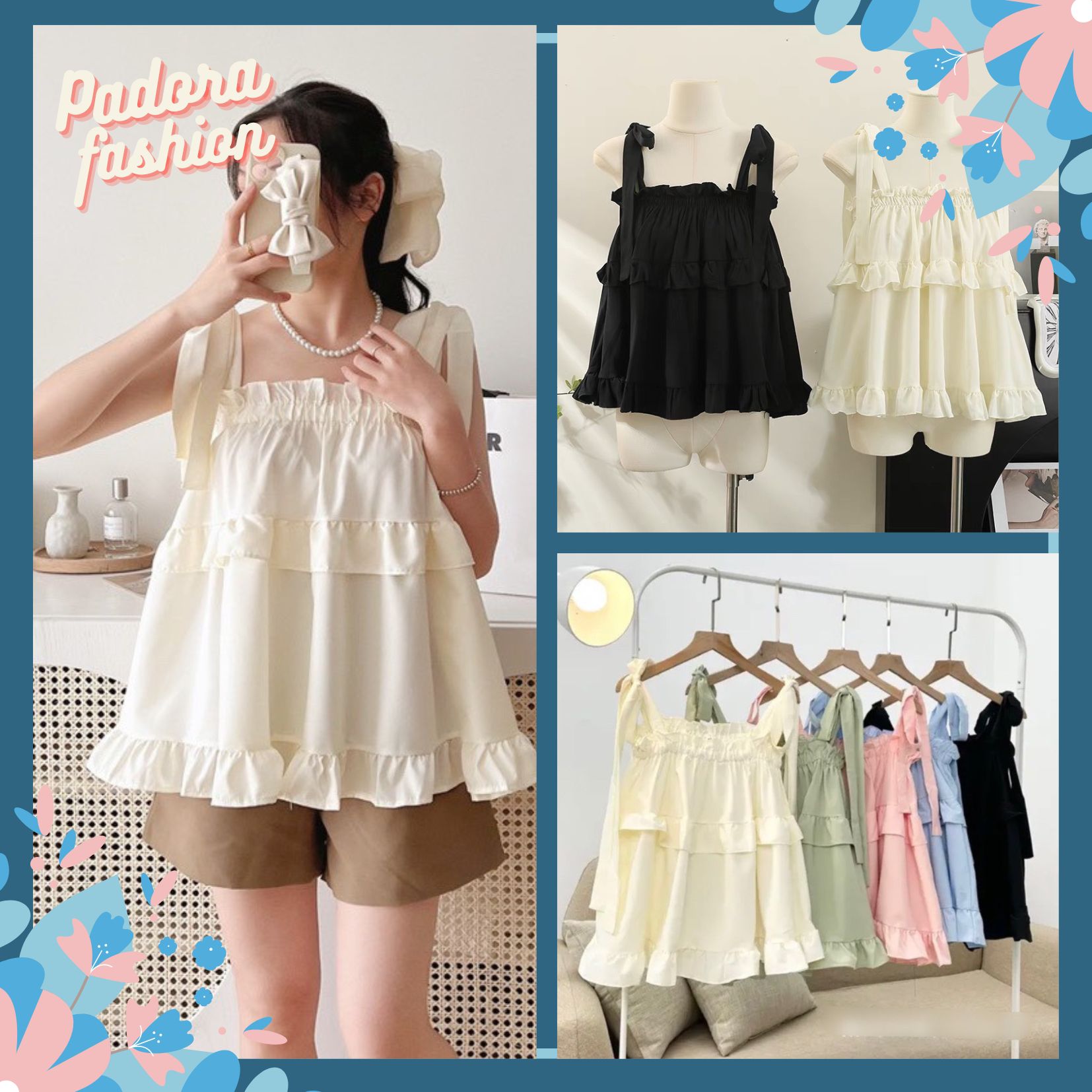  Áo 2 dây babydoll buộc nơ vai Áo kiểu nữ hai dây Padora-A91 