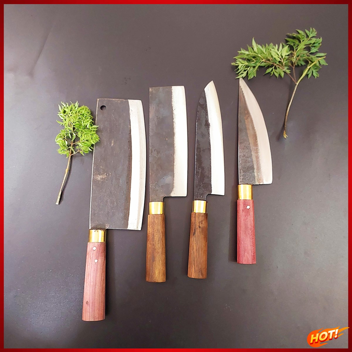 Bộ dao 4 món siêu phẩm thép nhíp ô tô cán mun khâu đồng cao cấp