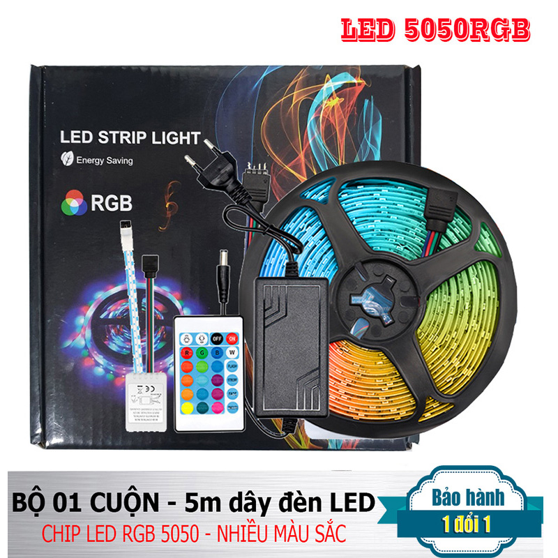 Bộ dây đèn led nhiều màu 5m 5050 có keo - kèm adapter và remote - full chức năng cảm biến âm thanh - dải đèn led nhiều màu rgb chớp nháy theo nền nhạc - đèn led tik tok siêu hot 7 màu - có bảo hành