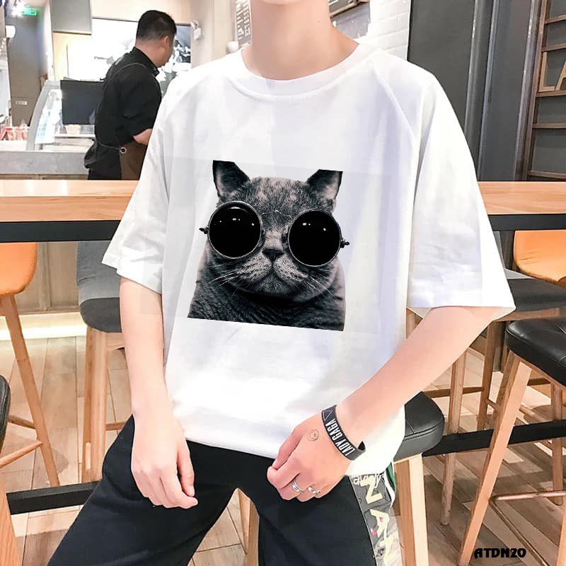 Áo Thun Free Size Nam Nữ Tay Lỡ In Hình Mèo Đen Đeo Kính ( Dưới 65Kg ) - ATDN20