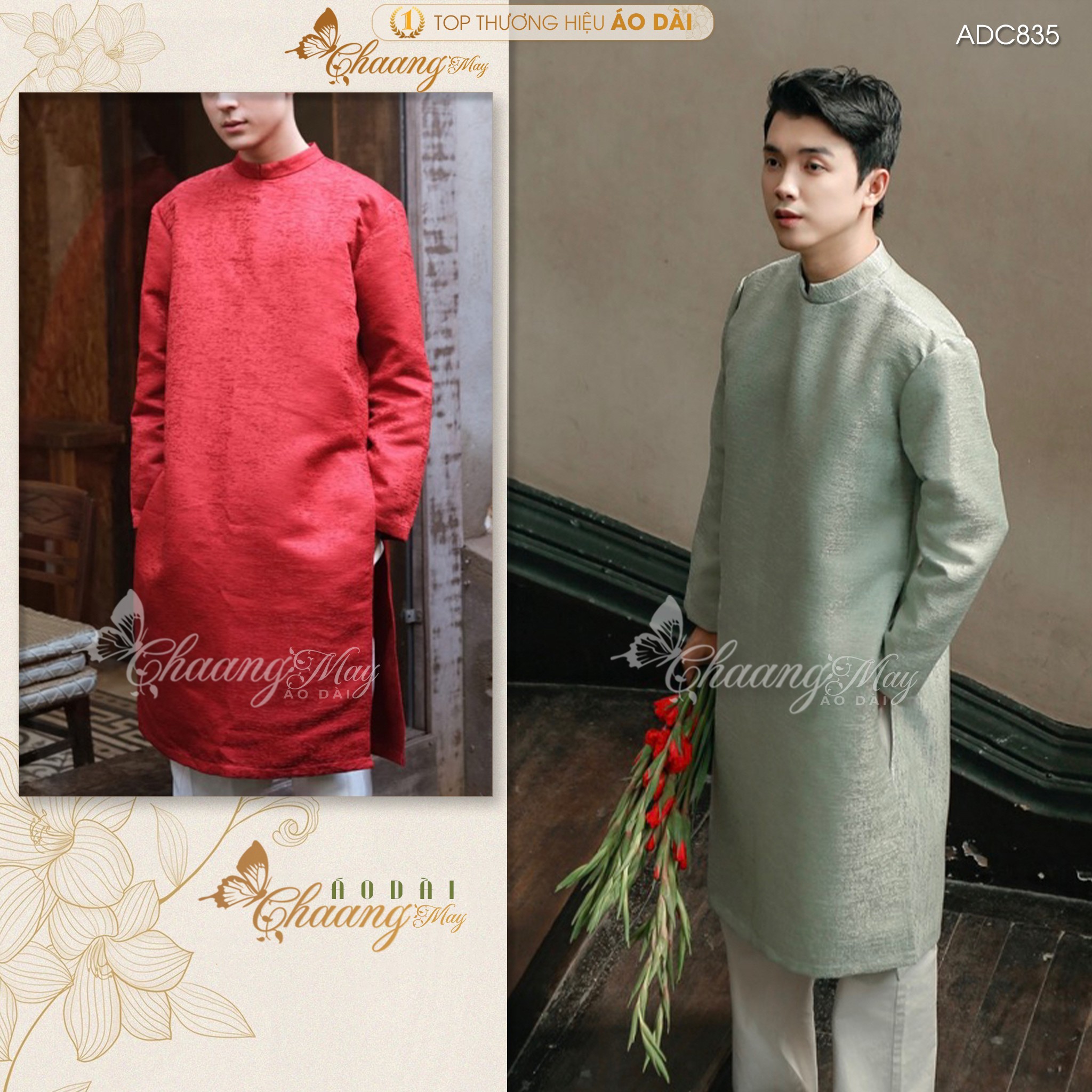 Áo dài cách tân Nam gấm Tafta vân gỗ sồi Chaang may sẵn ADC835 áo dài truyền thống xanh đỏ dự tiệc cưới lễ Tết đẹp
