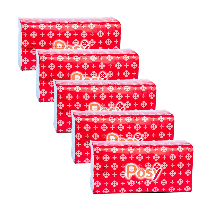 Combo 5 Gói Khăn giấy lụa Posy 2 lớp 250 miếng/ gói- Giấy thấm hút tốt, dai, siêu mịn