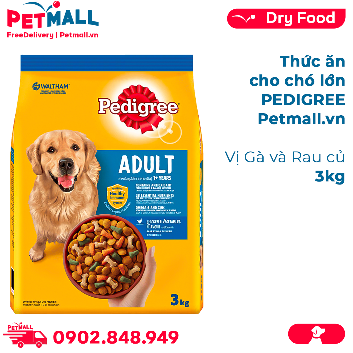 Thức ăn cho chó lớn PEDIGREE 3kg - vị Gà và Rau củ Petmall