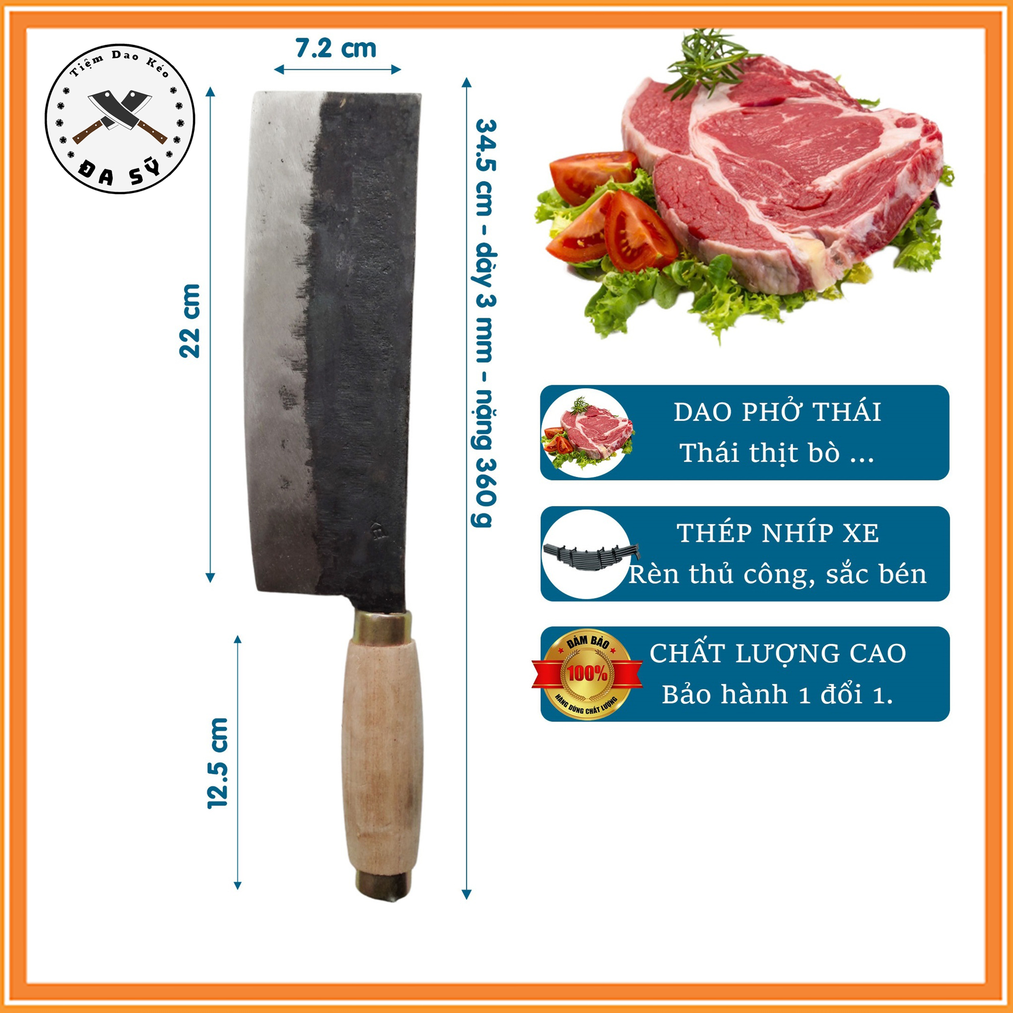 Dao thái thịt, dao thái phở nhíp xe, dao rèn từ thép nhíp xe siêu bền, cán gỗ chắc chắn