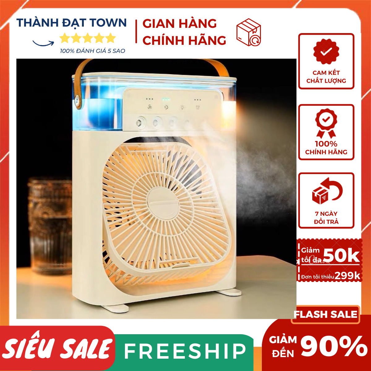Quạt điều hòa mini có khay chứa đá, hẹn giờ, đèn led 7 màu,quạt hơi nước để bàn có chế độ hẹn giờ