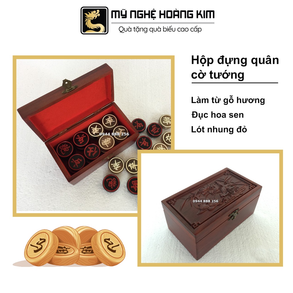 [FREESHIP] Hộp Đựng Quân Cờ Tướng Gỗ Hương Cao Cấp HK33 Bên Trong Lót Nhung Đỏ, Bên Ngoài Khảm Trai, Phun PU Bóng Mờ - Mỹ Nghệ Hoàn Kim
