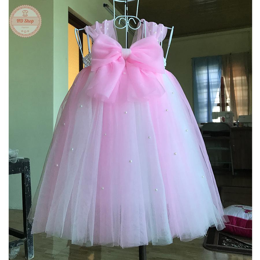 Váy tutu trắng phối hồng phấn nơ đính đá cho bé