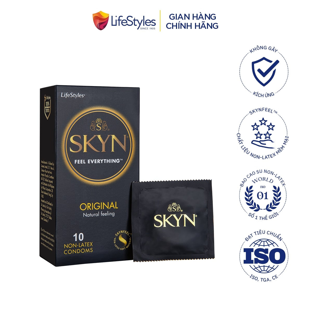 Hộp 10 Cái Bao cao su Lifestyles Skyn Original Non-Latex cao cấp, bao cao su nam skyn không mùi cao su không gây dị ứng cảm giác chân thật