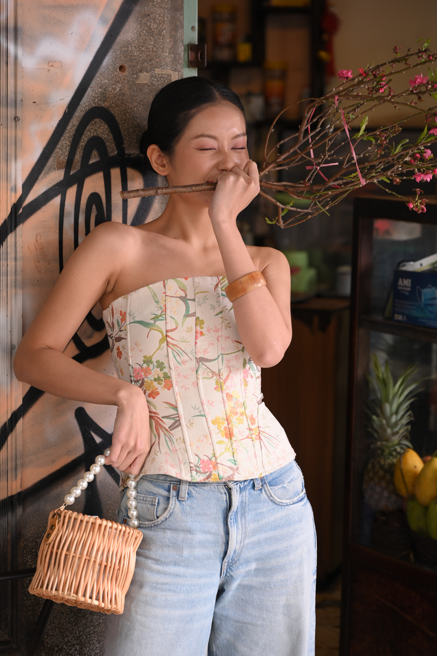 Áo corset nữ họa tiết hoa vải gấm Hoa Lá - oula studios