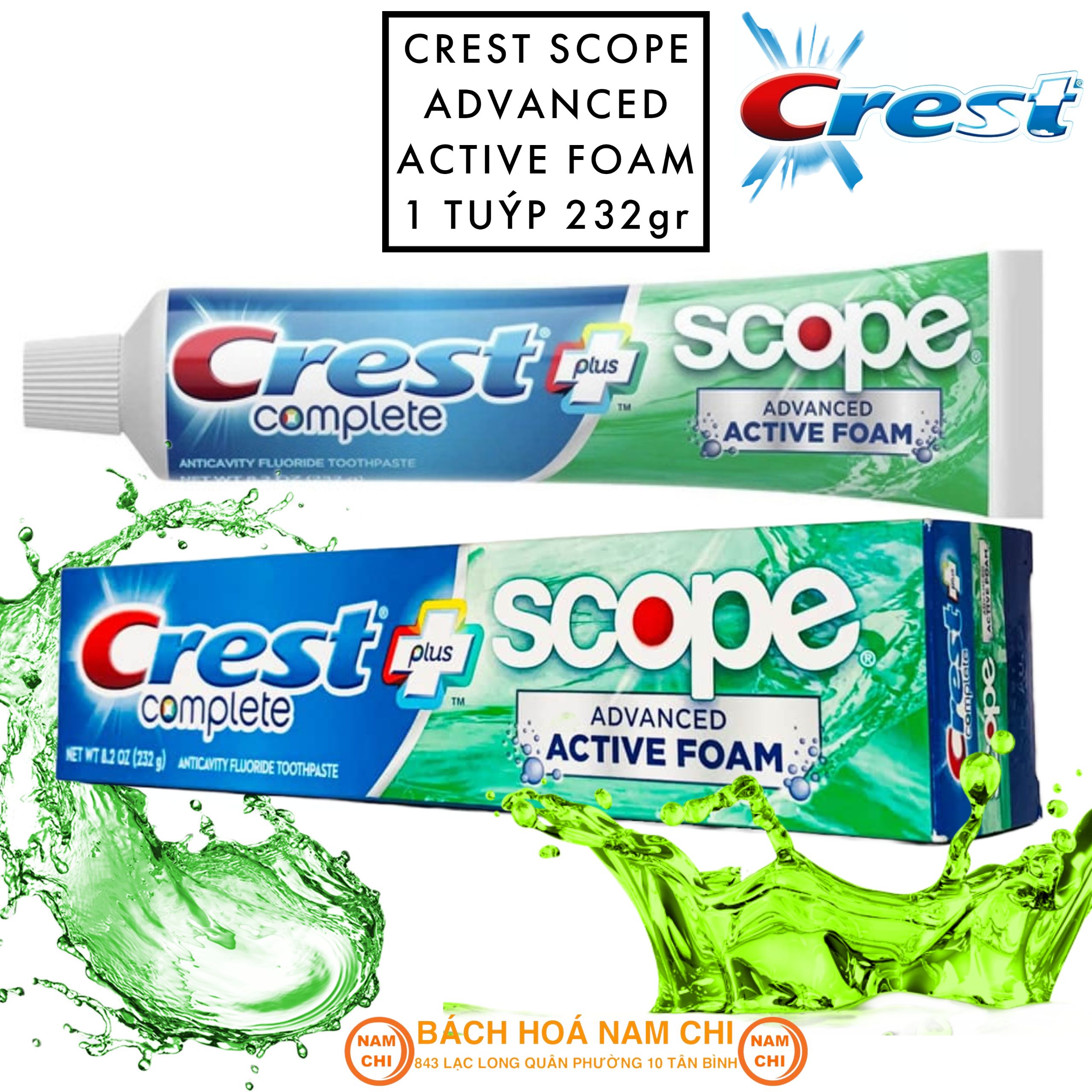 [1 TUÝP LẺ] Kem Đánh Răng CREST COMPLETE SCOPE EXTRA WHITENING+ ADVANCED ACTIVE FOAM 232g - Hàng Mỹ