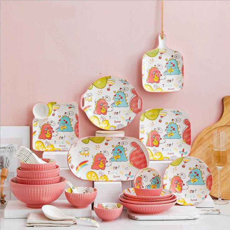Bộ chén bát đĩa sứ khay sứ cao cấp ăn dặm cho bé hình Khủng Long Cute (tách lẻ)