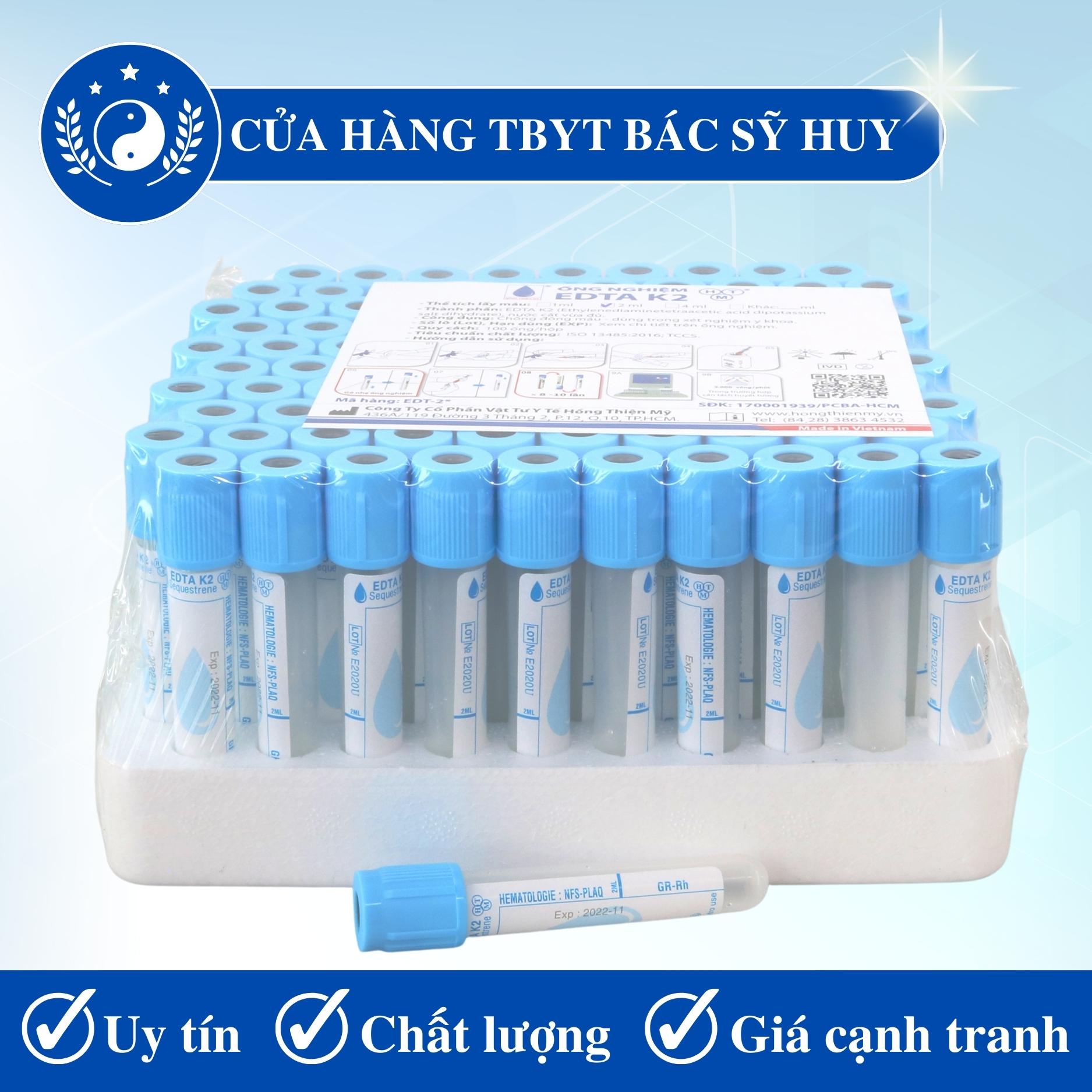 Ống nghiệm kháng đông EDTA HTM nắp cao su dùng trong xét nghiệm y khoa hộp 100 cái