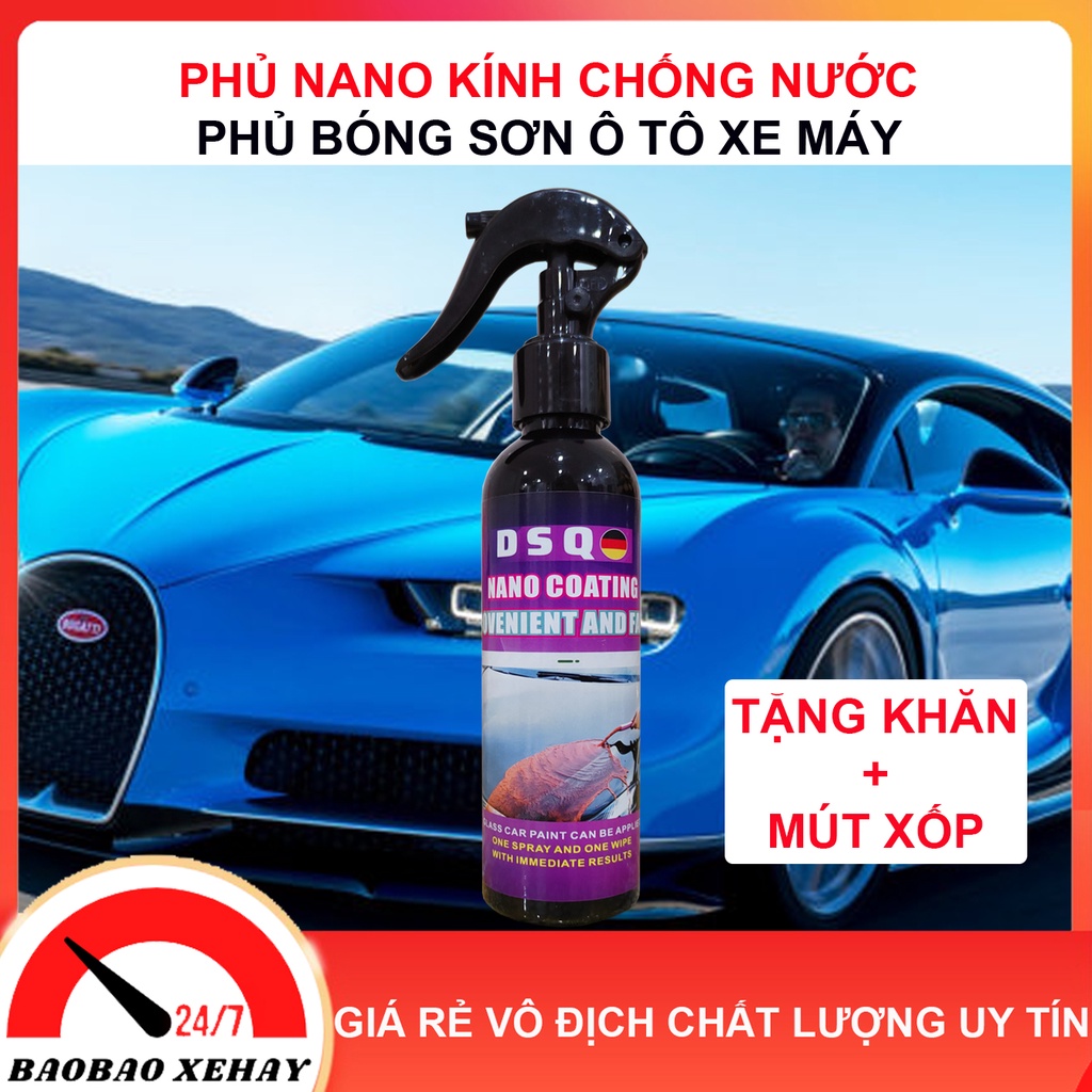 Chai xịt phủ nano chống nước kính, phủ bóng sơn xe ô tô DSQ Nano Coat, Phủ Ceramic wax, Phủ Bóng Kính chống Đọng nước tạo Hiệu ứng lá sen - Nano Wax 200Ml