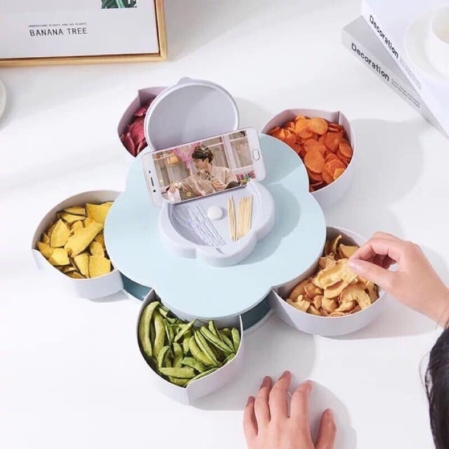 [Mẫu mới 2021] Khay Mứt 2 Tầng 10 Cánh, 1 Tầng 5 Cánh Xoay Cao Cấp, Hộp Đựng Bánh Kẹo Mứt Tết 2 Tầng Có Ngăn Trên Để Điện Thoại Tiện Lợi