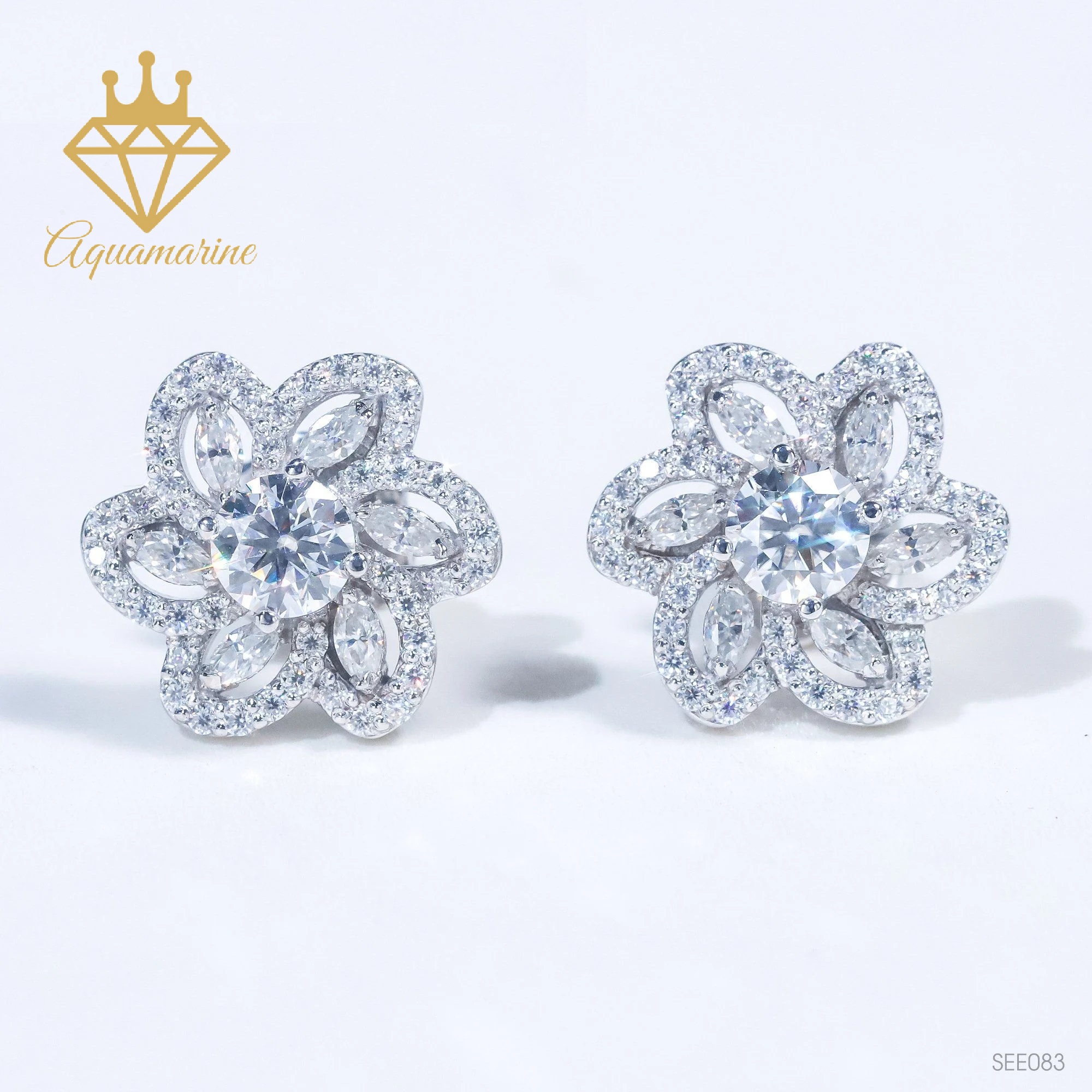 Bông tai kim cương nhân tạo Moissanite kiểm định GRA bạc xi bạch kim SEE083