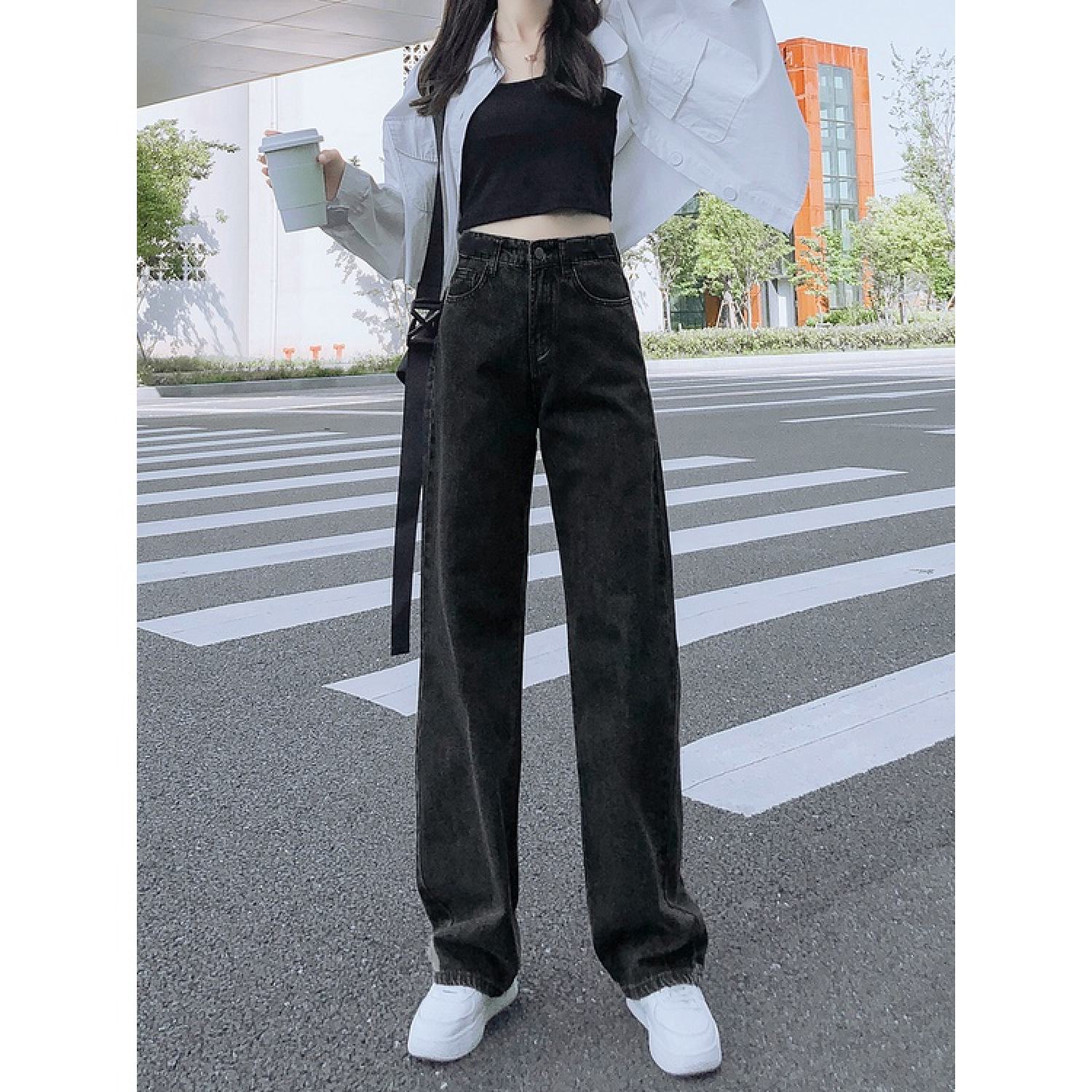 Quần jeans ống rộng lưng cao, vải bò dày đẹp , không giãn ,dáng suông T008, Quần bò ống rộng nữ cạp cao
