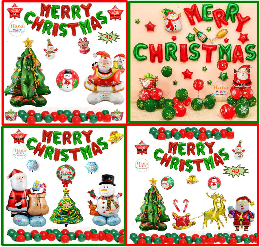 Set bong bóng trang trí noel giáng sinh merry christmas , bóng cây thông người tuyết ông già noel 4d