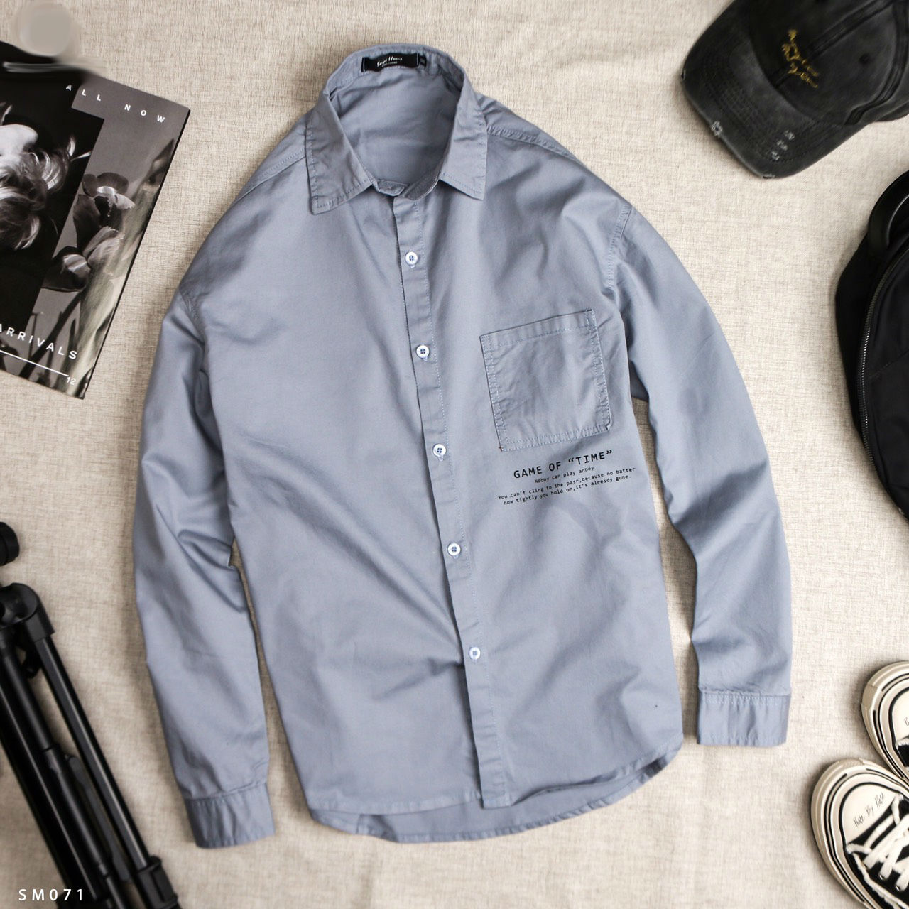 [HCM]Áo sơ mi nam dài tay phối túi in chữ trước và sau lưng ôm body thời trang hàn quốc