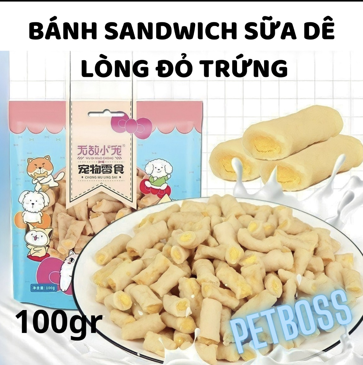 Bánh sandwich vị sữa dê lòng đỏ trứng gói 100gr, bánh thưởng cho chó