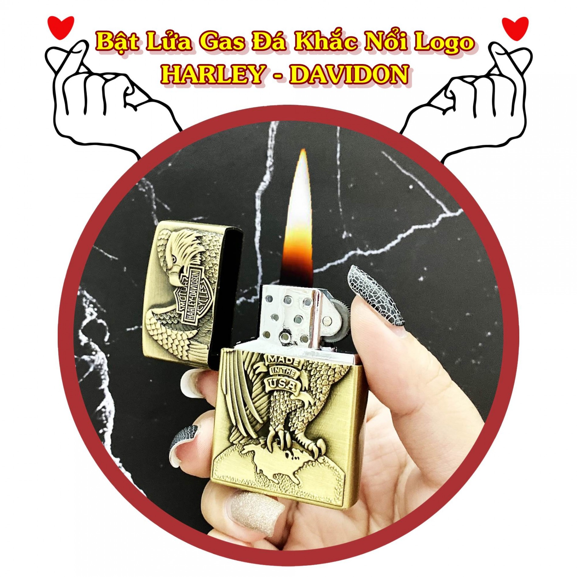(BẬT LỬA GIÁ RẺ) HỘT QUẸT GAS ĐÁ KHẮC NỔI LOGO HARLEY DAVIDSON