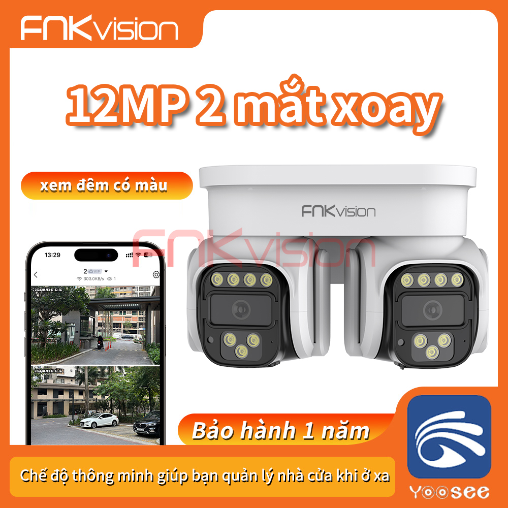 Fnkvision Camera Wifi Không Dây 2 Mắt Xoay 360 Độ Không Góc Chết Yoosee 12MP Siêu Nét Camera Chống Nước Xem Đêm Có Màu