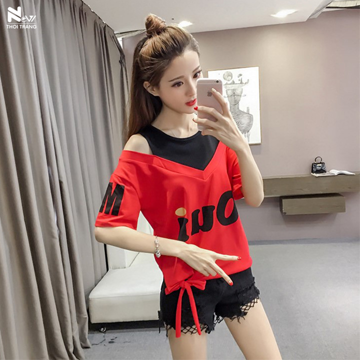 Áo thun nữ trễ vai eo cột nơ - ntt