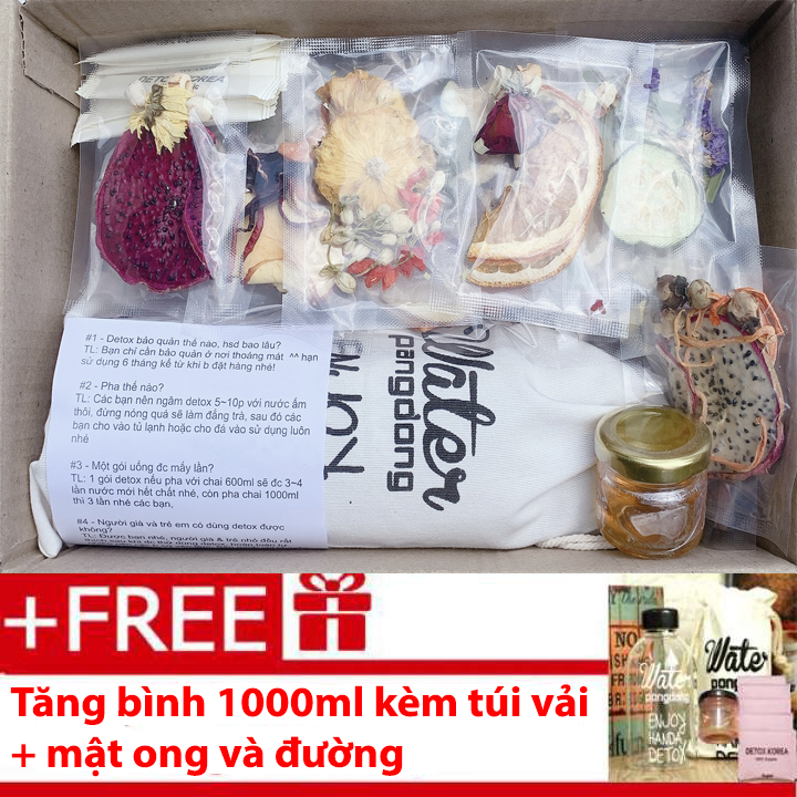 Set 28 gói Detox trái cây kèm mật ong và đường - Tặng bình Pongdang 1000ml và túi vải