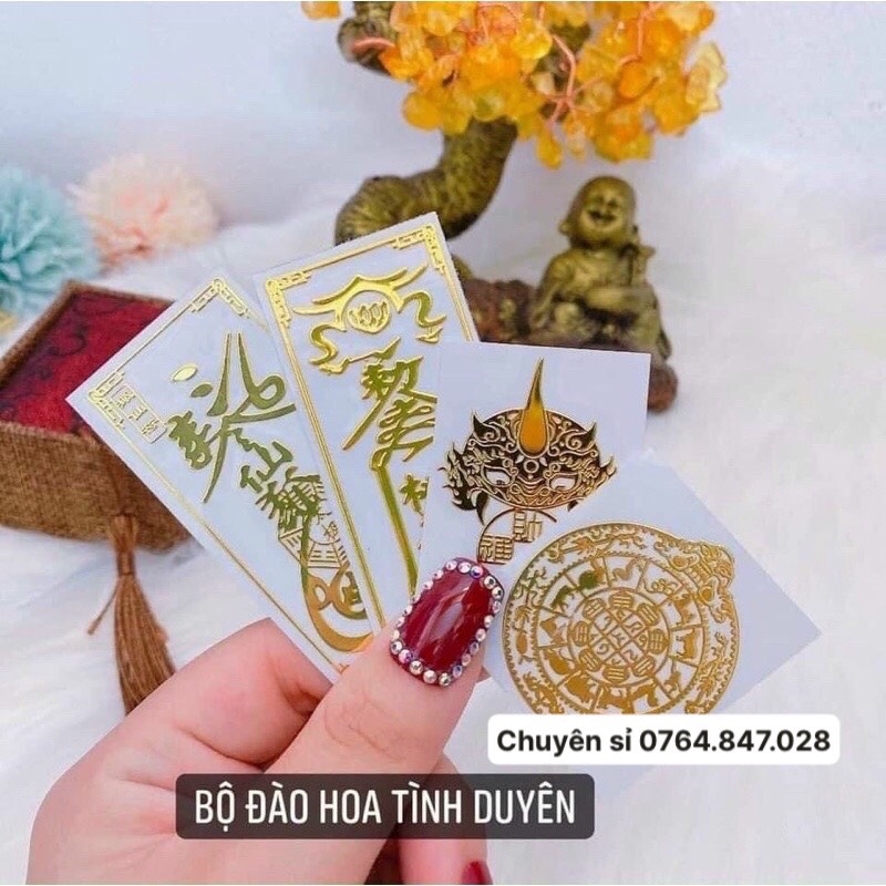 Combo 4 linh phù đào hoa tình duyên ( quyến rũ, đào hoa, chuyển vận, tỳ hưu) dán điện thoại để bóp ví đã gia trì