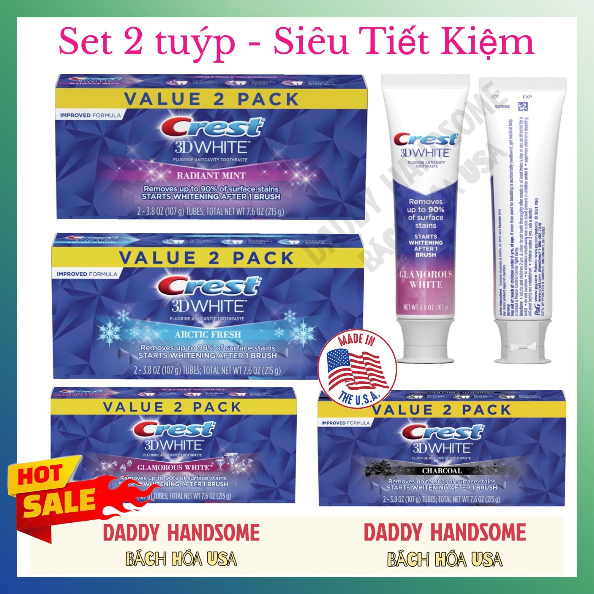 Kem đánh răng crest 3d white radiant mint , glamorous, artict , charcoal mỗi tuýp 107gr tổng cả set 215g làm trắng răng - chính hãng mỹ