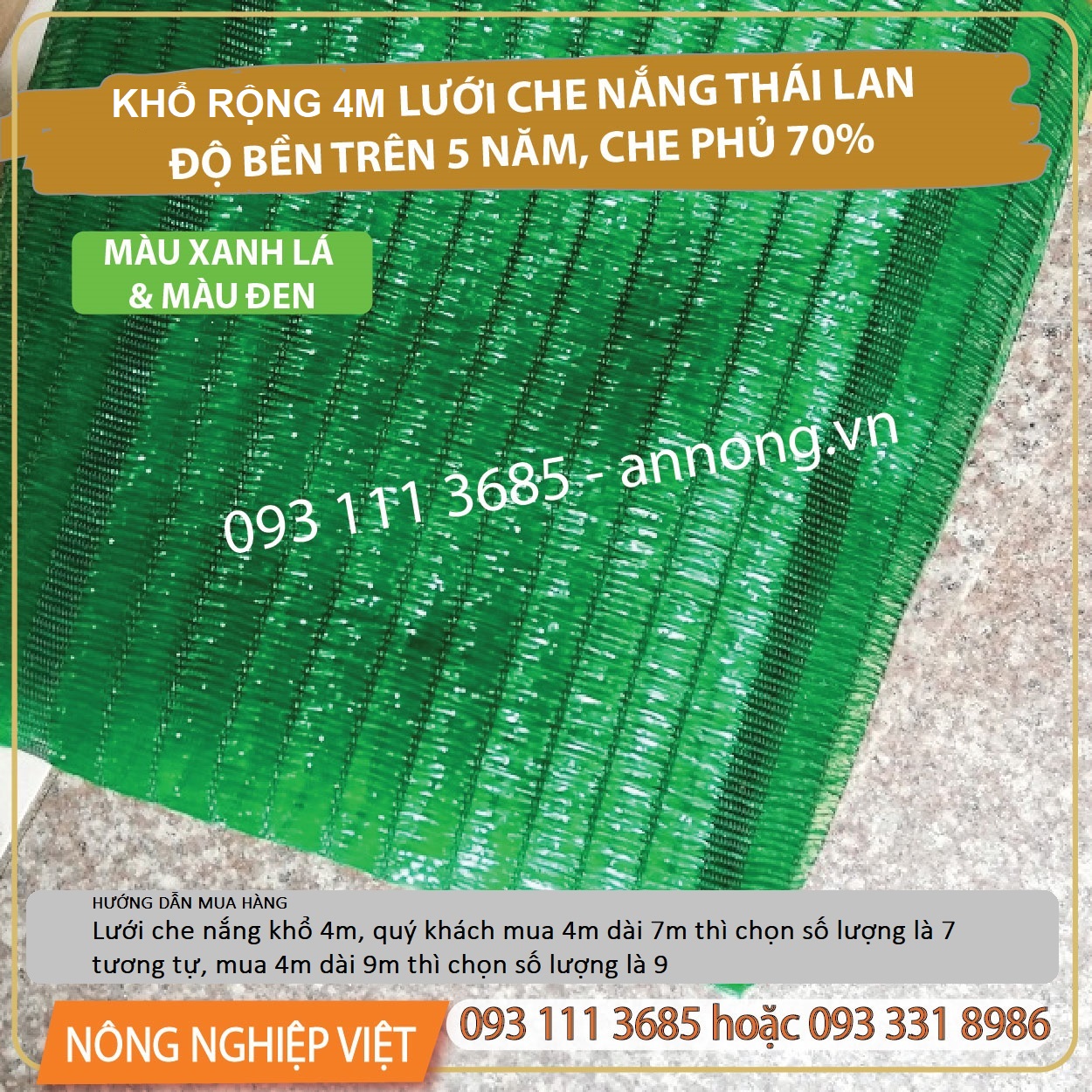 Lưới che nắng khổ 4m, che phủ 70%, màu đen - Lưới lan, Lưới che nắng Thái Lan, Lưới che nắng sợi dẹt