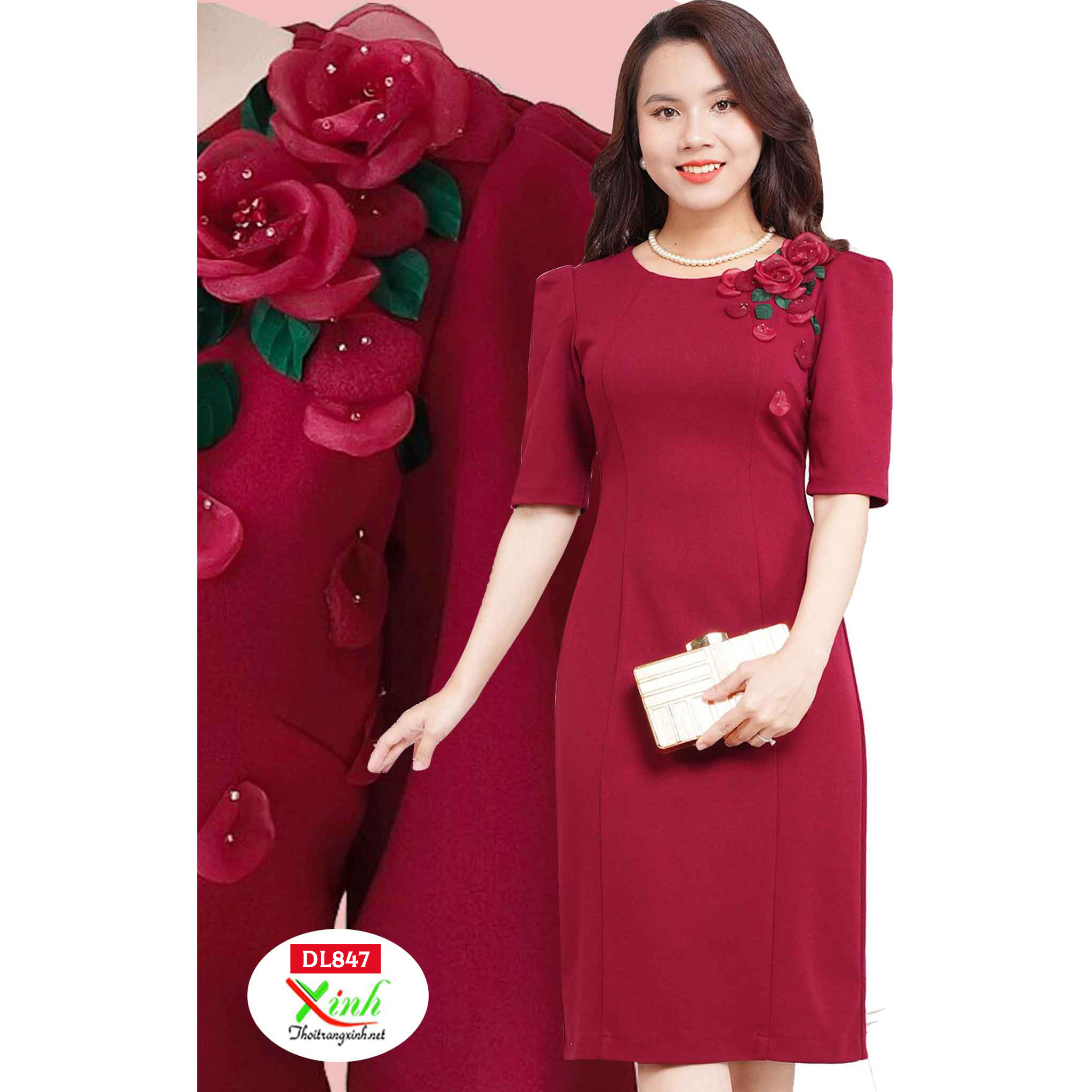 Đầm suông kết hoa cotton cát âu cao cấp đỏ đô dl847