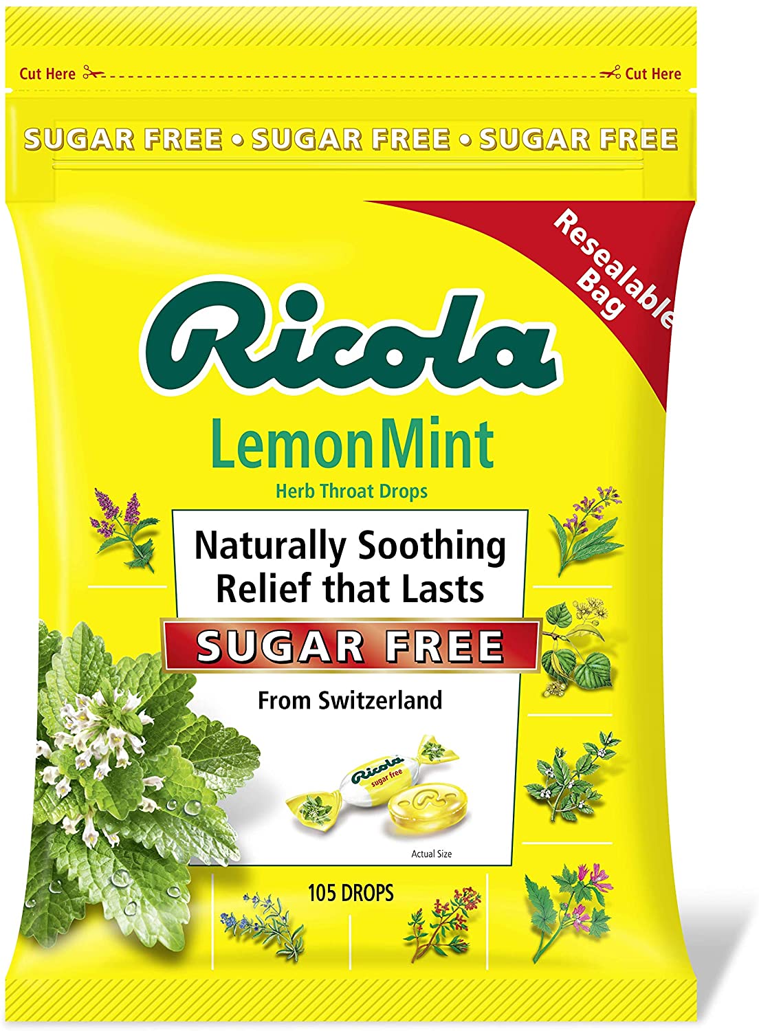 Kẹo trị ho Ricola Sugar Free Lemon Mint Cough Drops - Túi 105 viên