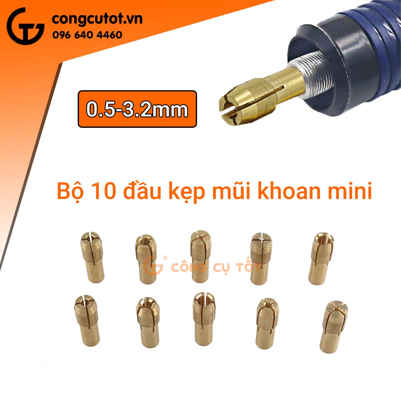 Bộ 10 đầu kẹp mũi khoan mini 0.5-3.2mm trục 4.8mm