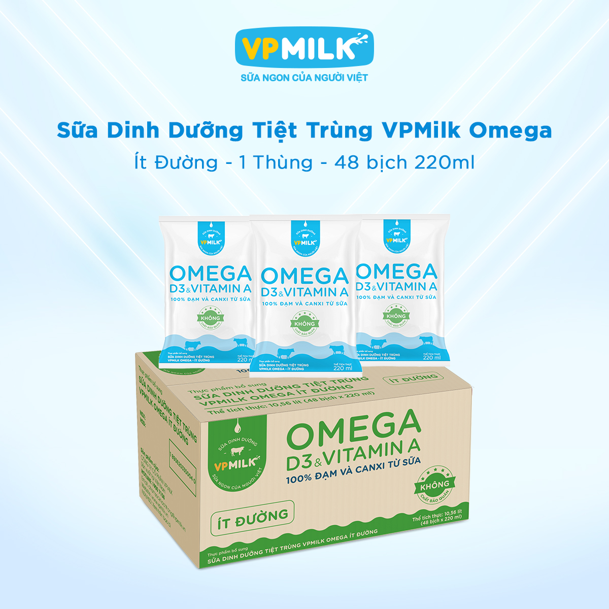 [HỎA TỐC TẠI HCM] Sữa Dinh Dưỡng Tiệt Trùng VPMilk Omega Ít Đường (thùng 48 bịch 220ml)