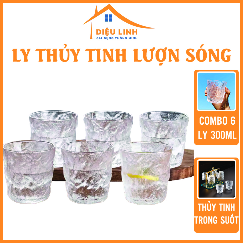 Ly thuỷ tinh lượn sóng cao cấp, ly uống nước thủy tinh 300ml, Bộ 6 cốc thủy tinh 89093 Tramanhshop