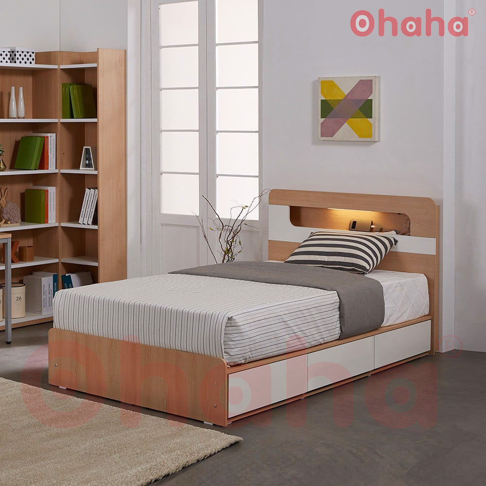 Giường ngủ gỗ công nghiệp cao cấp ohaha - gc033 - 01 - kèm đèn led - vàng gỗ/trắng
