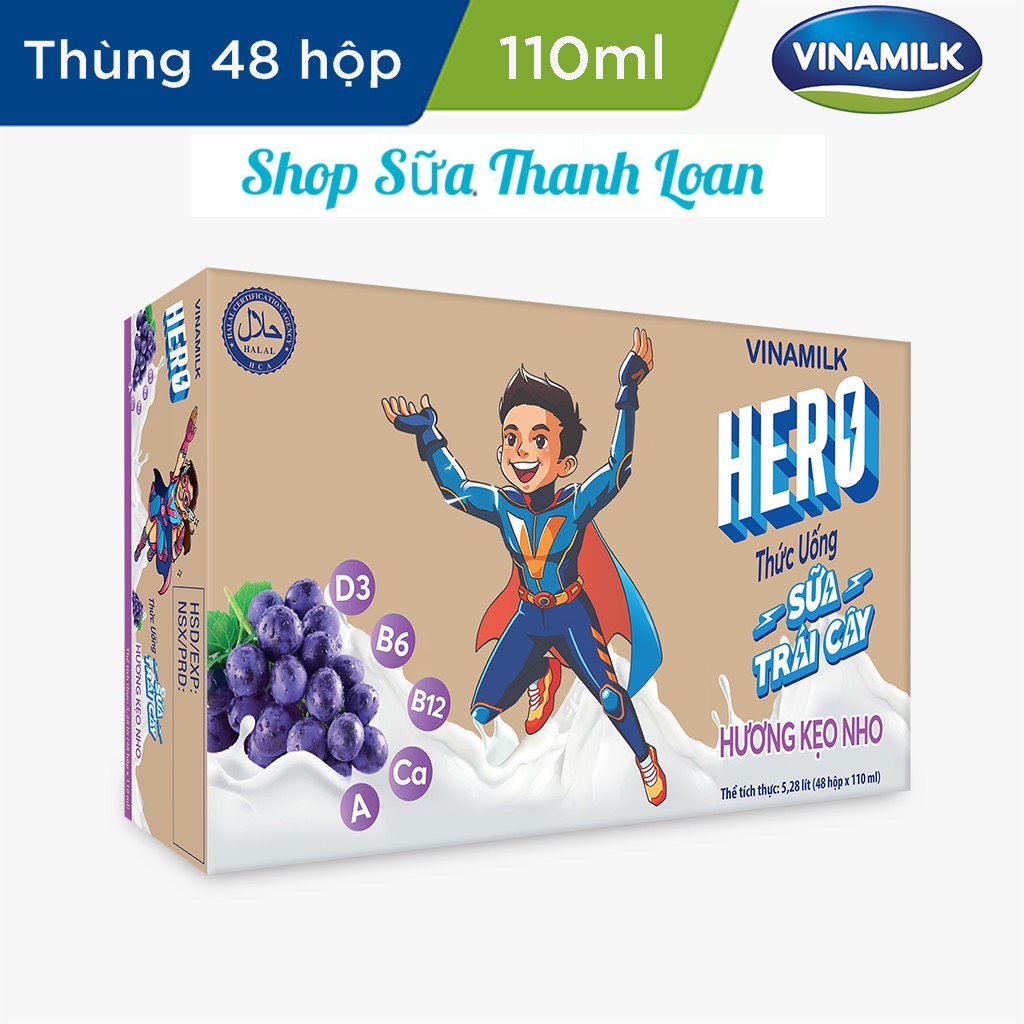 (HSD T1-2025) Thùng 48 Hộp Sữa Trái Cây Hero Vị Kẹo Nho 110ml.
