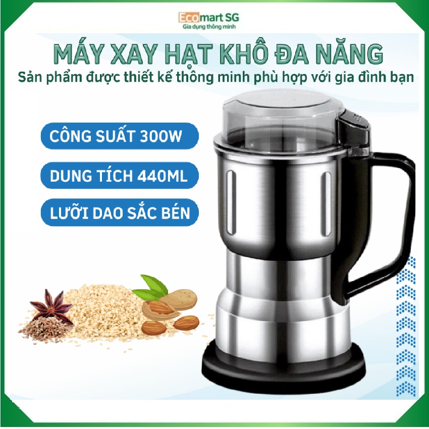Máy xay hạt khô đa năng, xay bộ khô, xay tiêu xay hạt cà phê,công suất 300w,6 lưỡi dao cực bén, chất liệu cối inox Ecomart Sài Gòn