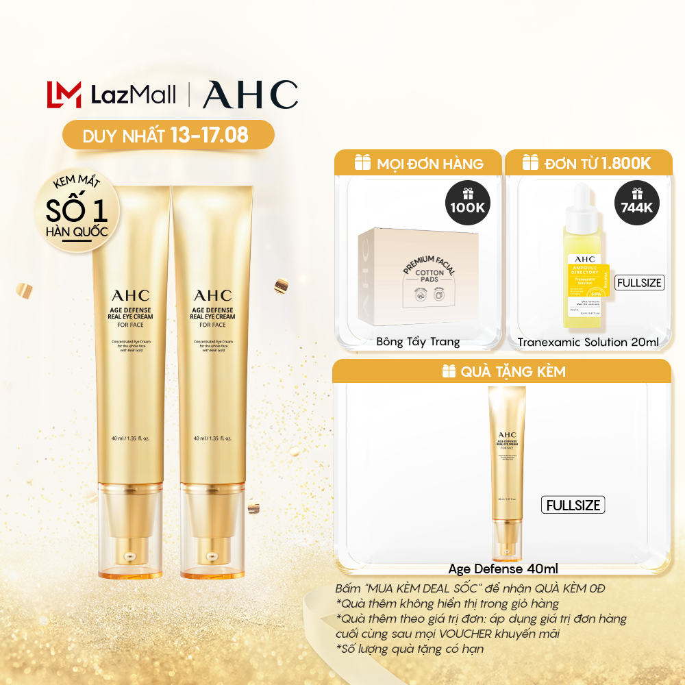 Bộ Đôi Kem Dưỡng Vàng Tái Tạo Trẻ Hóa Da Cho Mắt Và Mặt AHC Age Defense Real Eye Cream For Face (40mlx2)