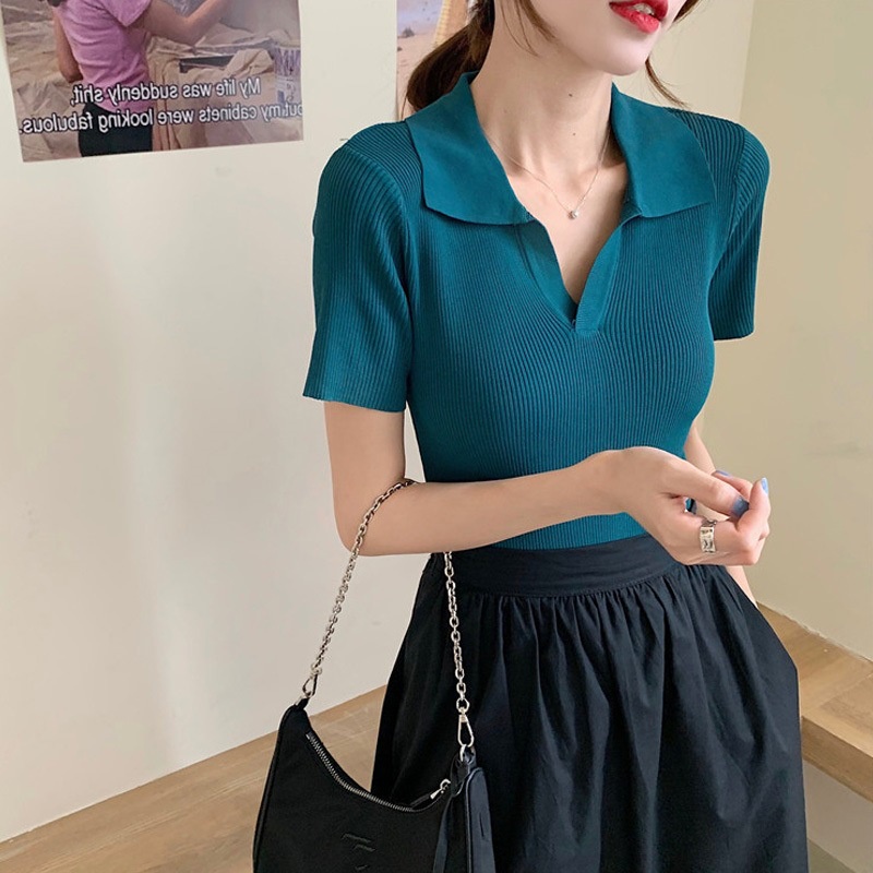Áo dệt kim tay ngắn nữ polo kiểu mỏng hàn quốc áo len tăm mỏng cổ bẻ K2C4
